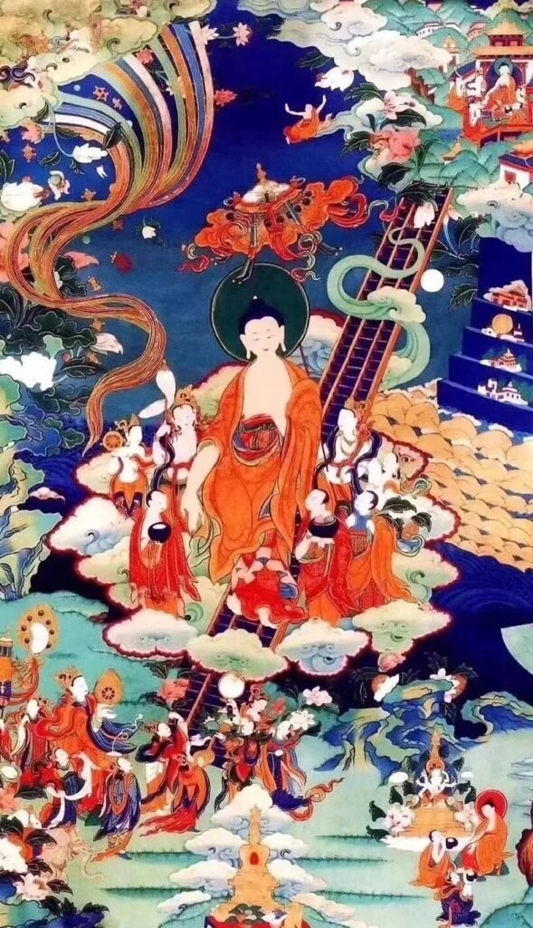 Thangka painting of the Buddha descending the celestial staircase from Tushita heaven, surrounded by deities