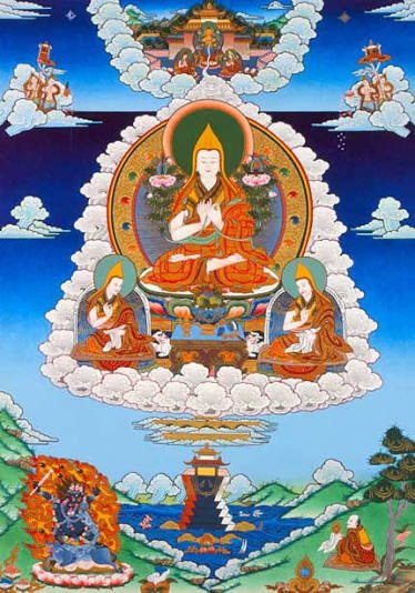 Guru Yoga of Je Tsongkhapa with his two chief disciples (thangka)