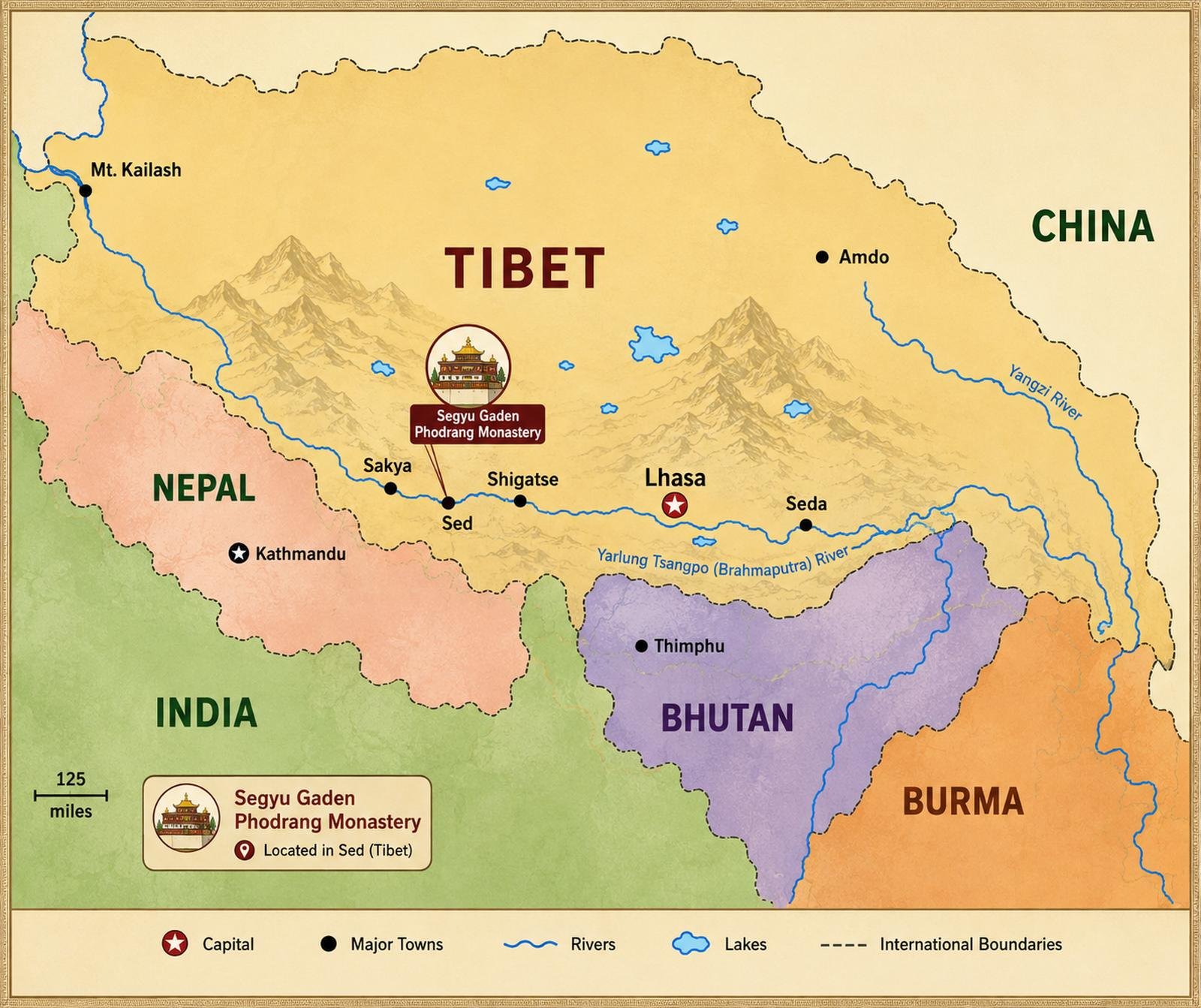 Map of Tibet showing the original location of Segyu Gaden Phodrang Monastery at Sed, between Sakya and Shigatse, south of the Yarlung Tsangpo river