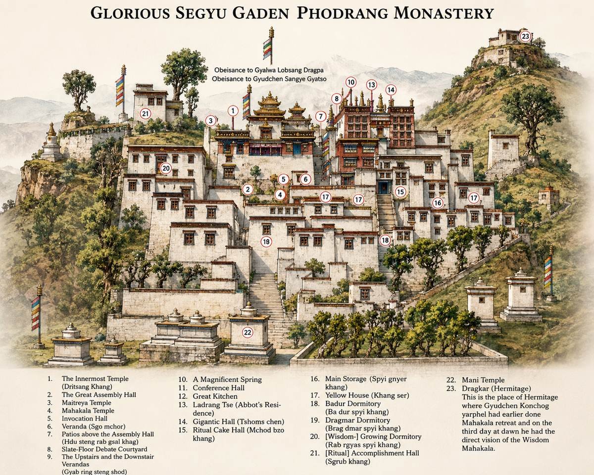 Illustrated plan of Segyu Gaden Phodrang Monastery at Sed in Tibet, with its temples, assembly hall, dormitories and the Dragkar hermitage numbered